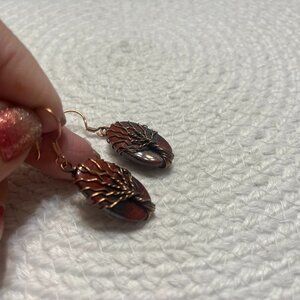 Rustic RED RAINBOW JASPER COPPER WIRE-WRAPPED TREE Handmade Earrings #674D
